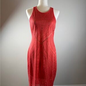 Mossimo Coral Sleeveless Textured Midi Dress Size S | Sheer Overlay